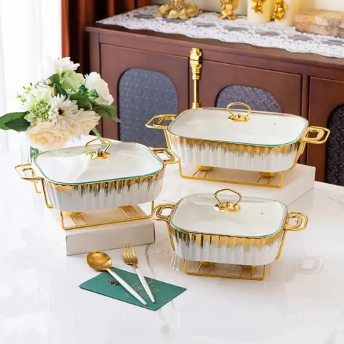 Dinner set ceramic casserole baking dishes with golden stands