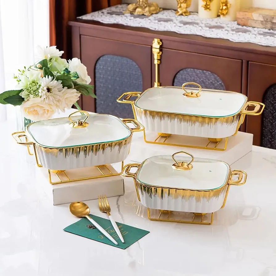 Dinner set ceramic casserole baking dishes with golden stands