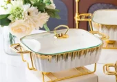 Dinner set ceramic casserole baking dishes with golden stands